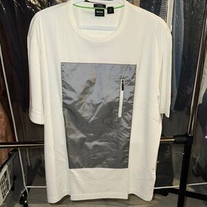 BOSS Men's White Tee with Silver Accent